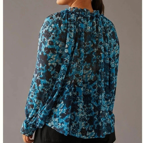 By Anthropologie blue Sheer floral Printed Peasant Blouse size small - Picture 3 of 10